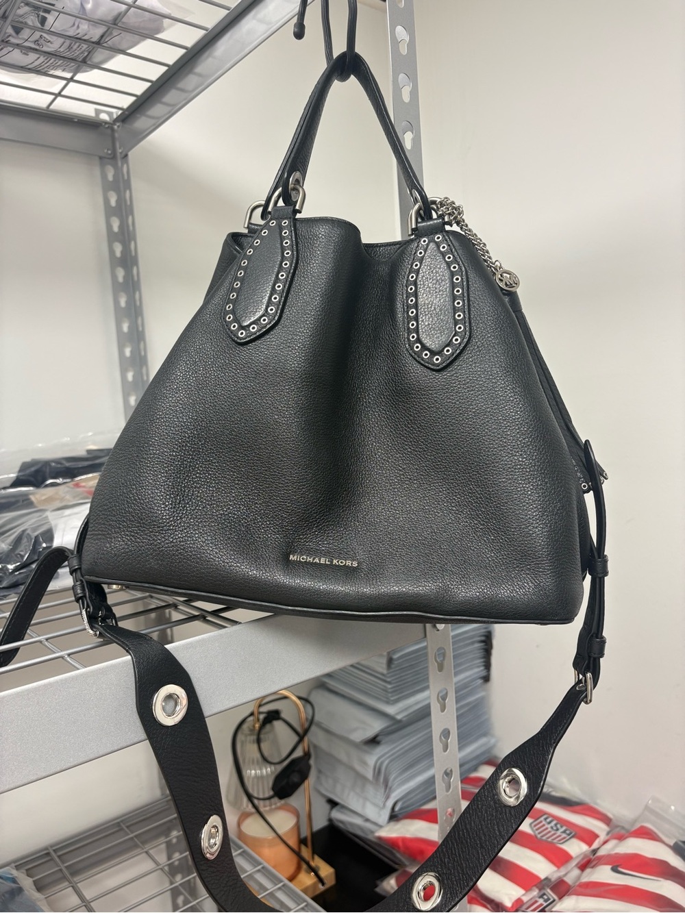 Michael Kors Black Pebbled Leather Shoulder Tote with Stud Accents